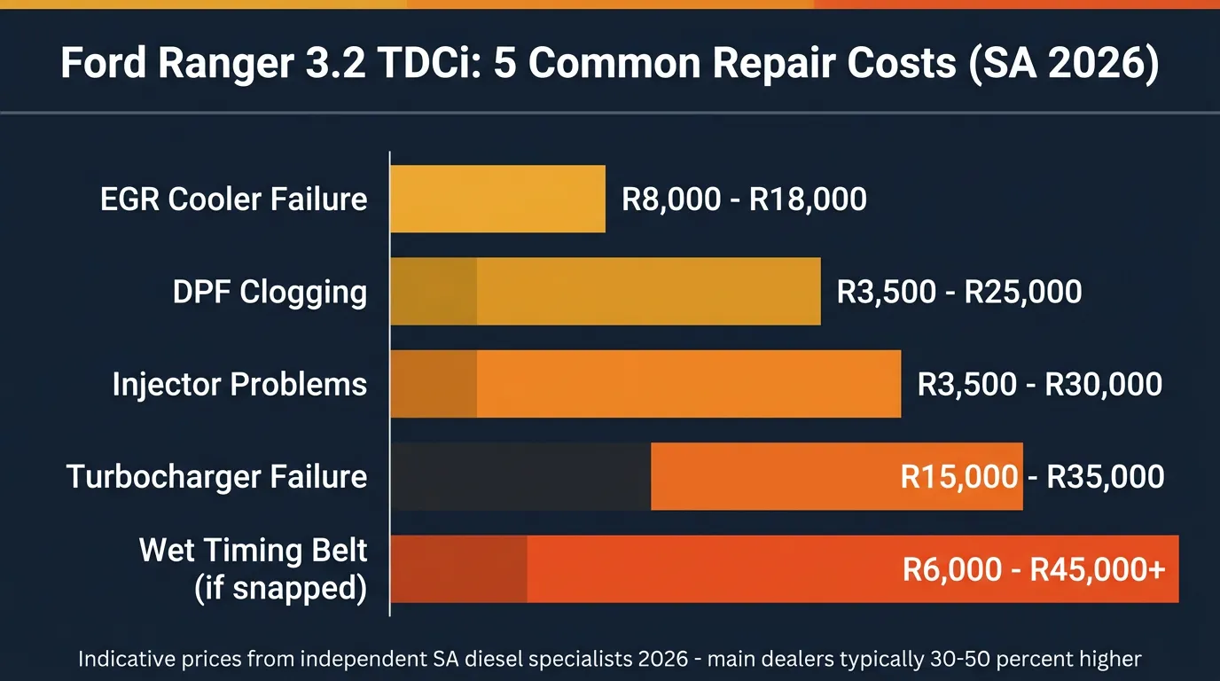 Ford Ranger 3.2 TDCi P5AT engine repair cost comparison chart for South Africa 2026 — EGR cooler, DPF, injectors, turbo and wet timing belt