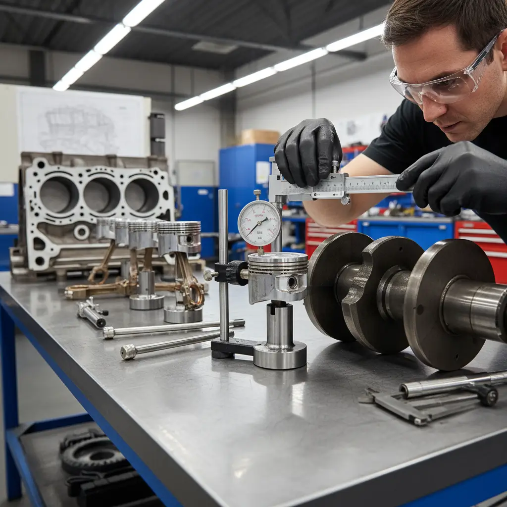 Mechanic using precision measuring tools while inspecting an engine component on a workbench