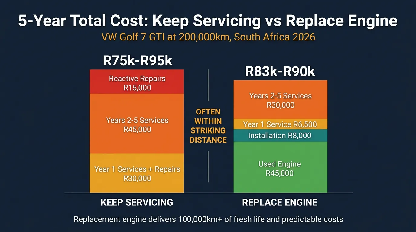 Infographic comparing 5-year VW ownership cost in South Africa — keep servicing old engine (R75k-R95k) vs replace with used engine (R83k-R90k)