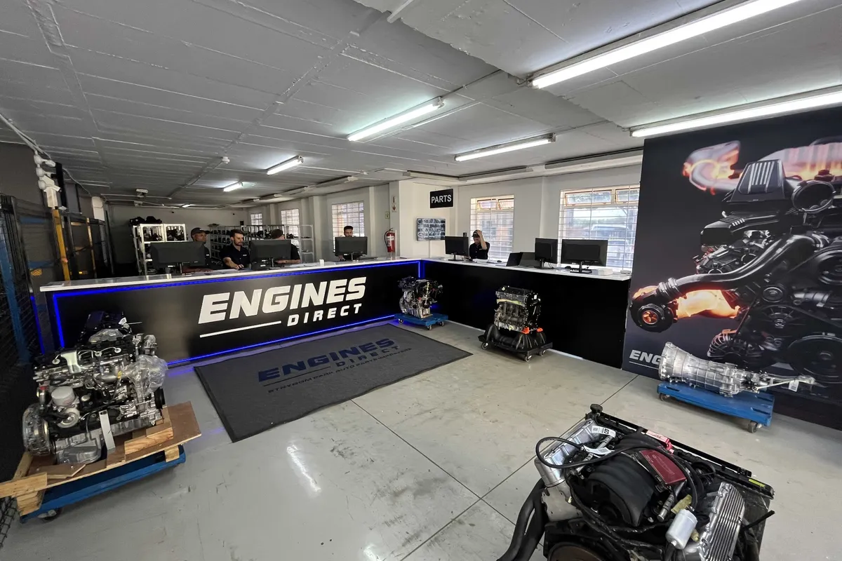 Engines Direct showroom and sales counter with engines on display