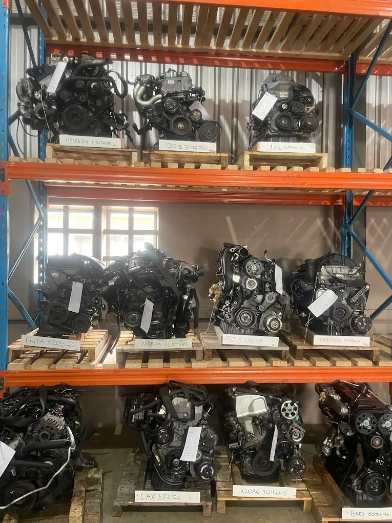 Engine warehouse shelves with labeled engines