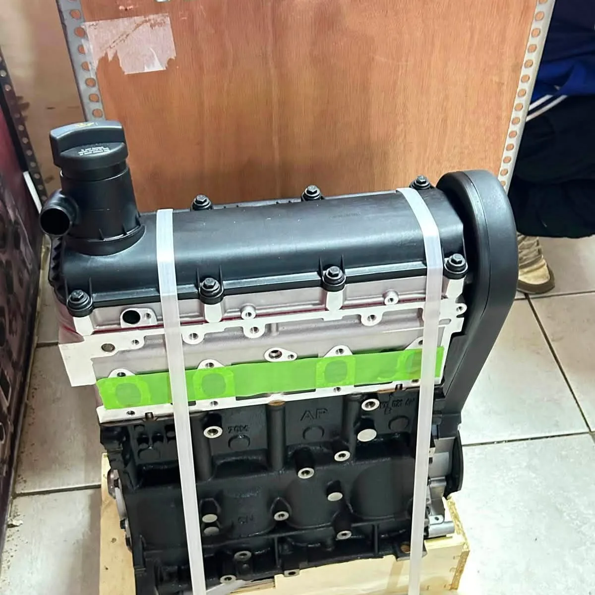 Reconditioned VW/Audi engine long block strapped and ready for collection at Mereves Auto Spares, Kempton Park