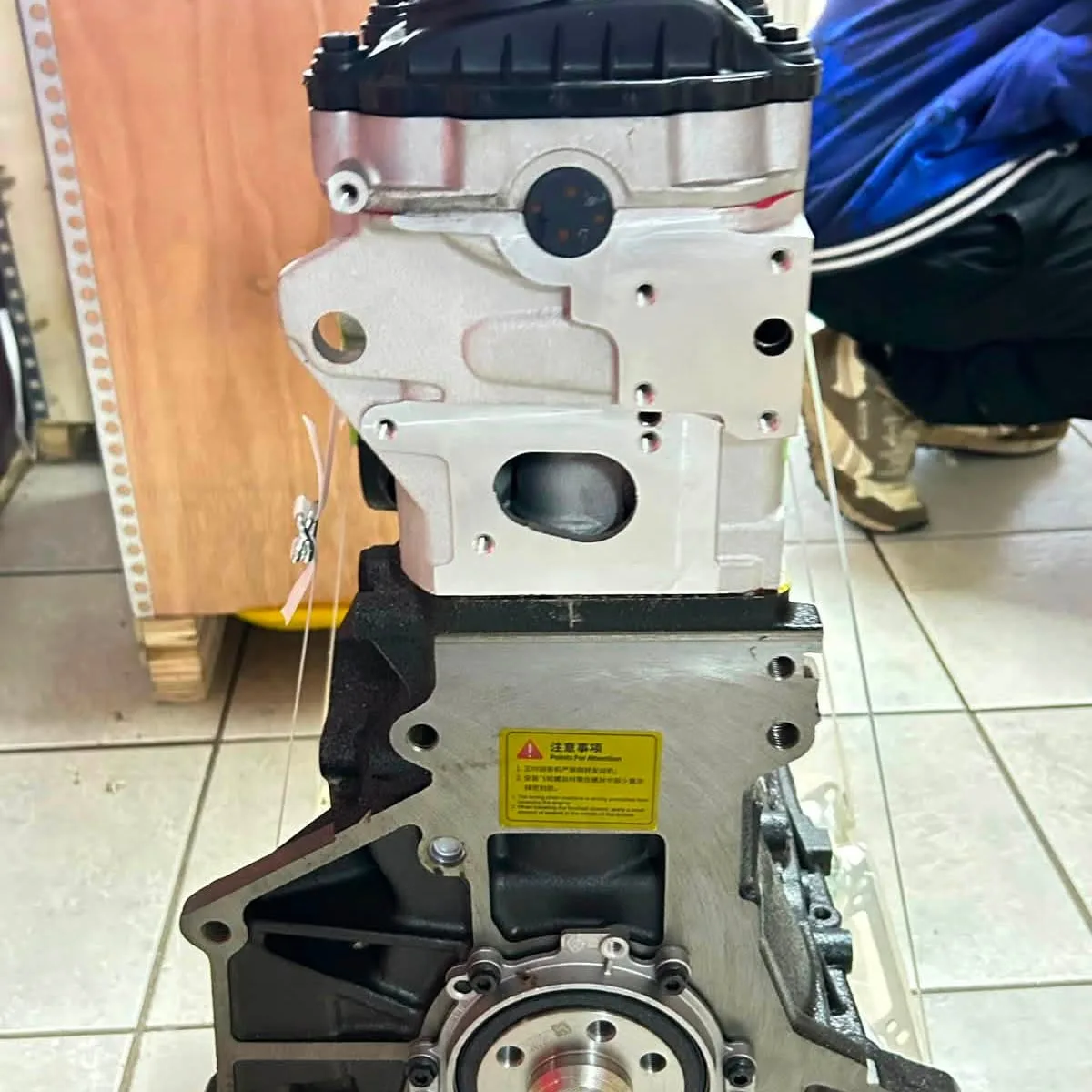 Timing-cover side of a reconditioned VW/Audi engine in stock at Mereves Auto Spares, Kempton Park