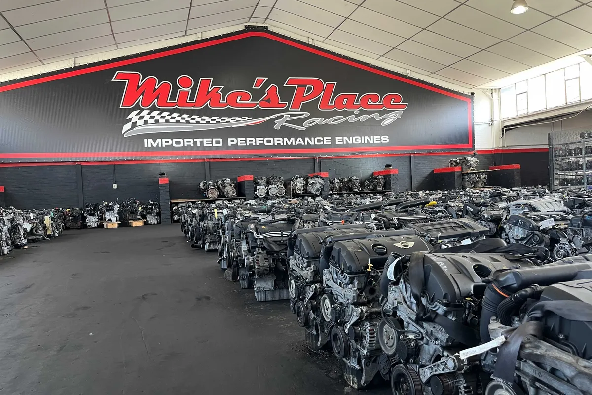 Rows of imported used engines at Mike's Place Engine Importers